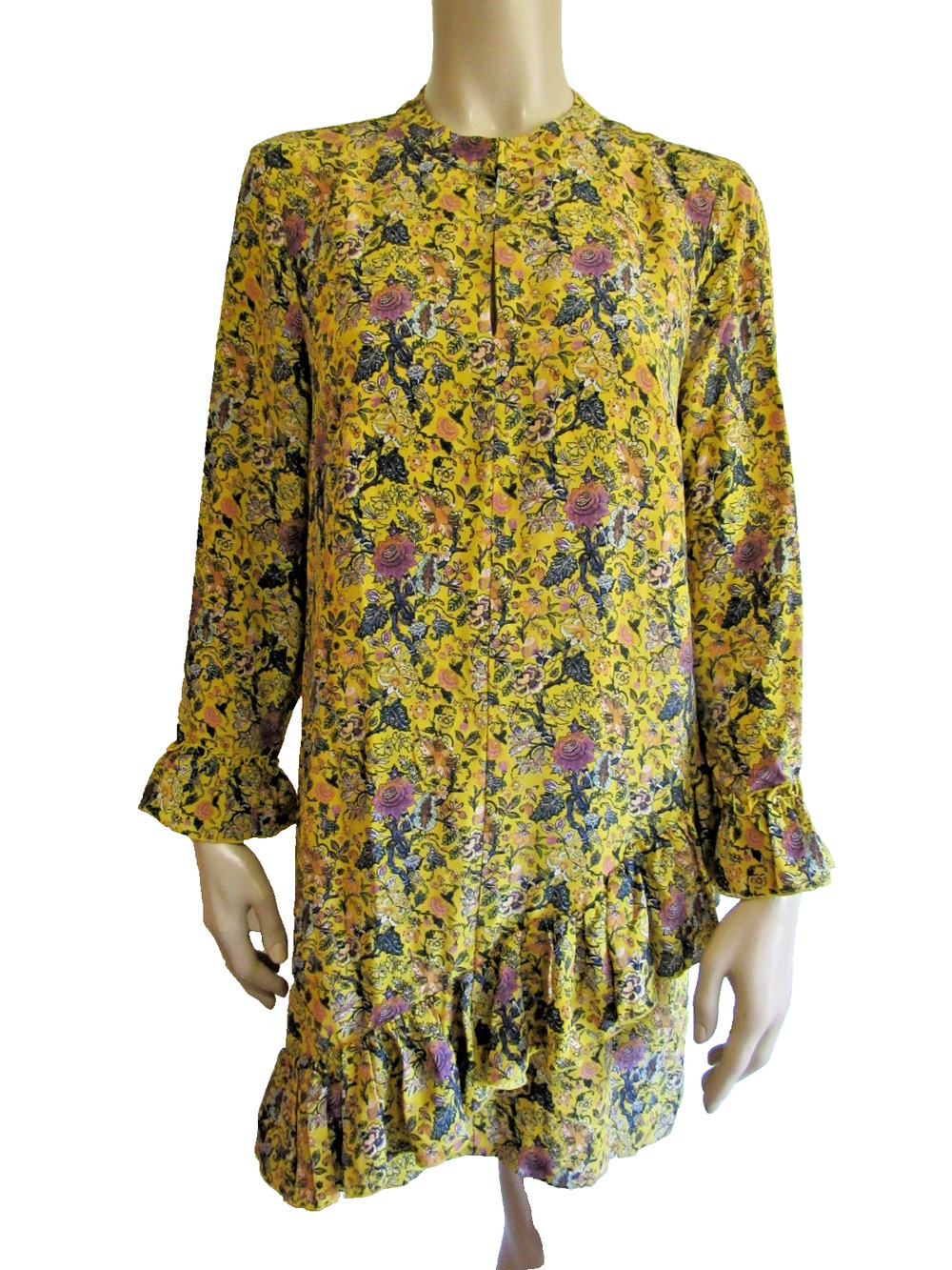 MADEWELL Yellow Floral Pattern Ruffles 8 Long Sleeve Silk Romantic Dress-CA